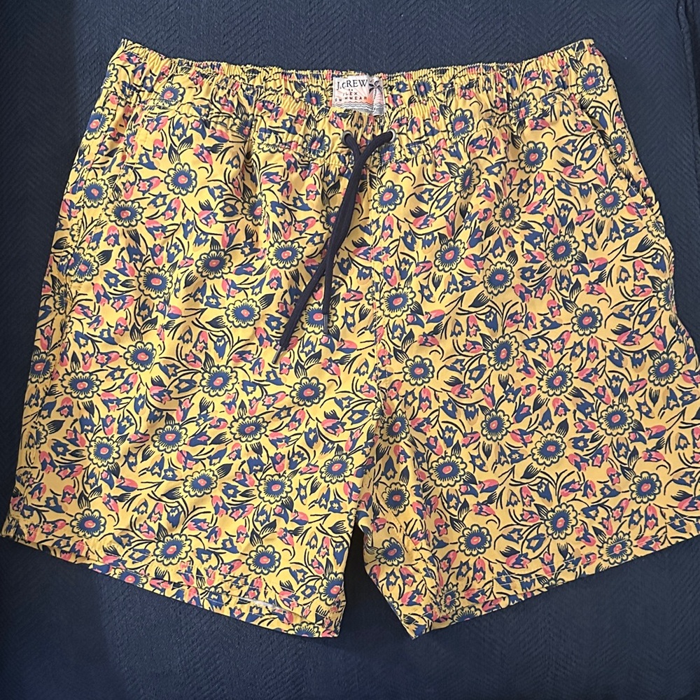 J. Crew Men's Floral Swim Trunks - Yellow and Blue | Medium
